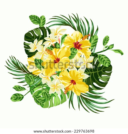 Bouquet of tropical flowers and leaves. Plumeria, hibiscus, monstera, palm. Vector illustration.