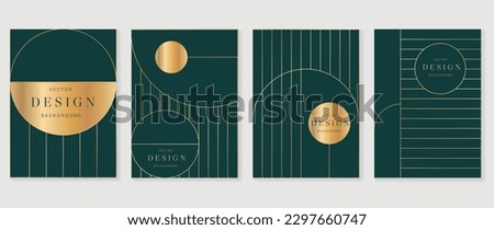 Luxury Green geometric pattern cover template. Set of art deco poster design with golden line, ornament, shapes, borders. Elegant graphic design perfect for banner, background, wallpaper, invitation.