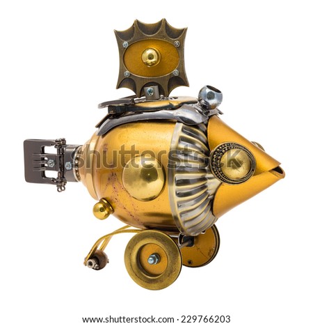 Retro golden steampunk fish. Bronze and chrome parts.