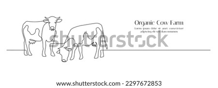 Cows on pasture in One continuous line drawing. Milk calf animal grazing symbol and beef meat farm concept in simple linear style. Editable stroke. Doodle vector illustration Royalty-Free Stock Photo #2297672853