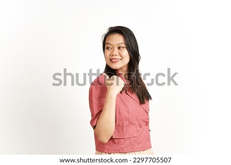 Showing Product and Pointing Side using Thumb Of Beautiful Asian Woman Isolated On White Background