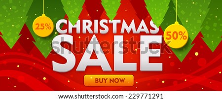 Christmas sale banner with fir trees on red backdrop. Vector