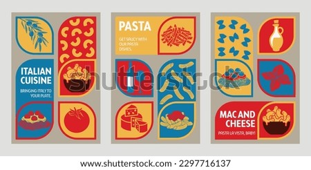 A modern poster template with a geometric pattern in the background and an illustration of a bowl of mac and cheese poster vector templates. Great for social media marketing of a restaurant banner. Royalty-Free Stock Photo #2297716137