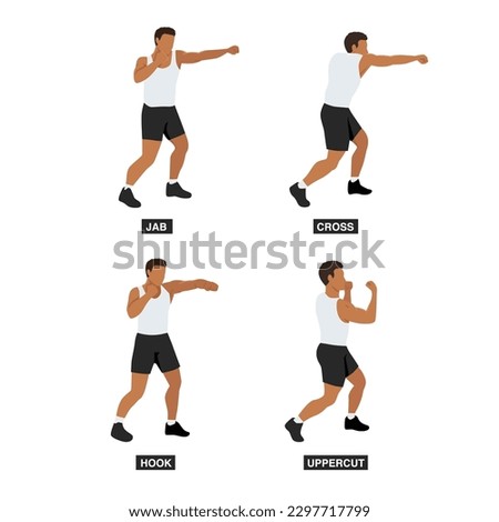 Man doing boxing moves exercise. Jab Cross Hook and Uppercut movement. Shadow boxing. Flat vector illustration isolated on white background Royalty-Free Stock Photo #2297717799
