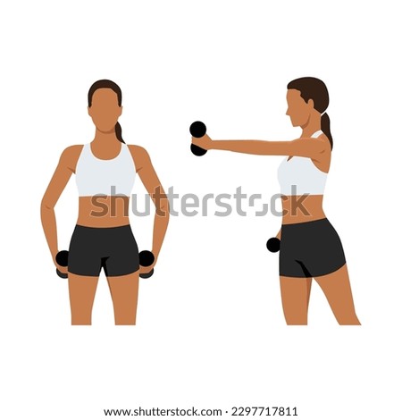 Woman doing jab cross exercise with dumbbell. Flat vector illustration isolated on white background Royalty-Free Stock Photo #2297717811