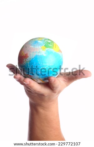 The universe in human hand. Isolated on white background