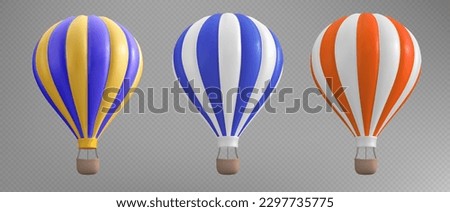 3d isolated hoy air balloon basket travel illustration on transparent background. Realistic aerostat set in red, blue and yellow stripe for adventure and recreation. Summer ballooning leisure journey Royalty-Free Stock Photo #2297735775