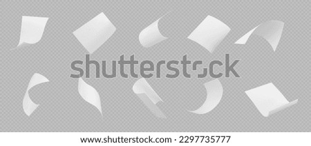 3d isolated fly white paper sheet. Fall document page on transparent background in vector. Realistic office paperwork piece set falling down. Bent and curl A4 scatter away on wind mockup clipart Royalty-Free Stock Photo #2297735777