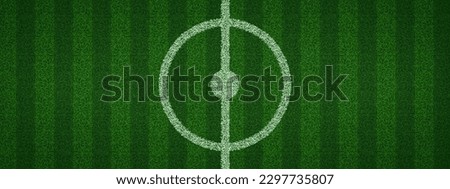 Top view of realistic soccer pitch center. Vector illustration of white lines and circle drawn on green grass in middle of football field. Turf texture background. Place for sports match, competition Royalty-Free Stock Photo #2297735807