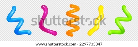 Realistic set of colorful 3D spiral lines isolated on transparent background. Vector illustration of abstract curvy design elements, glossy plastic tubes with paint inside, creative zigzag decor
