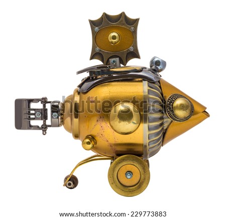 Retro golden steampunk fish. Bronze and chrome parts.
