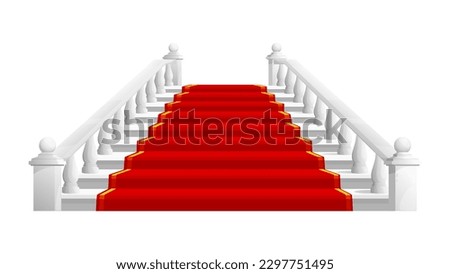 Castle and palace staircase. Marble stair with red carpet. Isolated vector white classic royal ladder with balustrade leading visitors to regal chamber. Vintage architecture element, theatre entrance Royalty-Free Stock Photo #2297751495