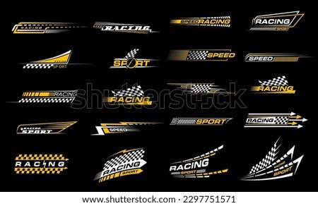 Race sport car stripe stickers, checker decals. Motocross competition retro emblems, motorsport championship or rally racing tournament vintage vector symbols or decals set with victory checkered flag Royalty-Free Stock Photo #2297751571