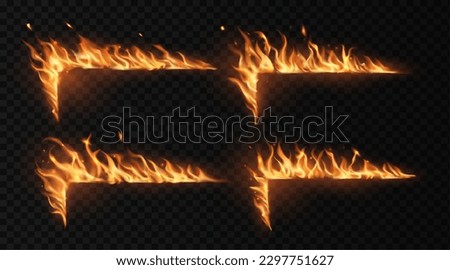 Fire frame corners. Campfire hot flame, bonfire or burning fireplace fire, wildfire or explosion flaming blaze vector banners. Invitation or greeting card frame with fiery and hot borders