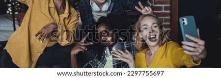 Cheerful group of diverse best friends taking selfie. Young people international students have fun together, party, celebrate. African American, Caucasian multi cultural college university banner