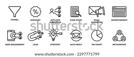 Marketing icon set. Funnel, discount, affiliate marketing, case study, email marketing, advertisement, user engagement, lead, strategy, auto reply, pie chart and networking, vector icon collection