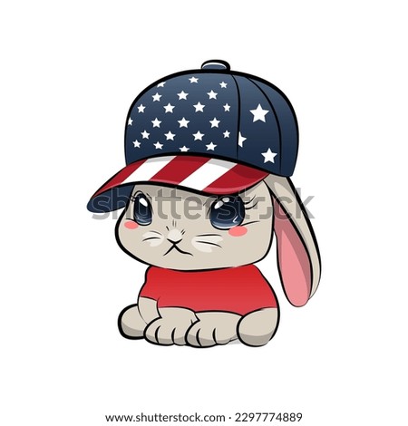 Cute cartoon patriotic bunny in baseball cap. Vector illustration.