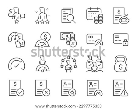 Credit score icon set. It included credit rating, financial scoring, auditor, profile review and more icons. Royalty-Free Stock Photo #2297775333