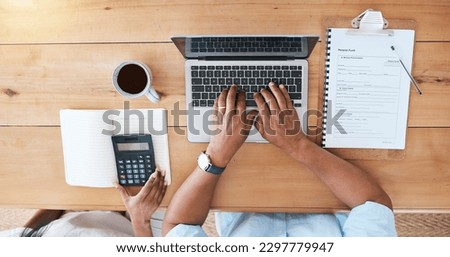 Laptop, calculator and senior couple hands for pension fund, asset management or budget in financial planning. Elderly people typing on computer, paperwork or documents in retirement or finance above