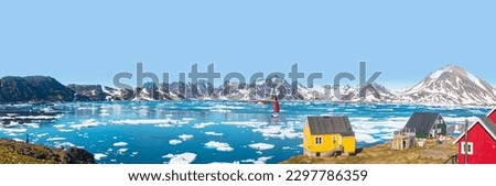 A yacht with red sails in motion -    Panoramic view of colorful Kulusuk village in East Greenland - Kulusuk, Greenland - Melting of a iceberg and pouring water into the sea