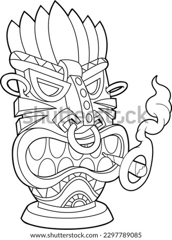Outlined Cartoon Tiki Tribal Wooden Mask Smoking A Joint. Vector Hand Drawn Illustration Isolated On Transparent Background