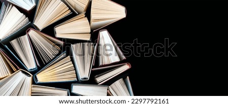 Banner with books on black. Business and education background. Back to school concept