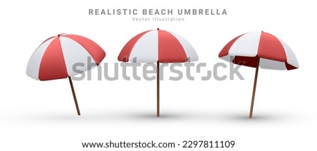 3d render realistic vector set of sun shade parasols, umbrellas in red, white. Isolated icon on white background. Royalty-Free Stock Photo #2297811109