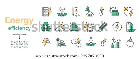 Energy efficiency icon set. Calculator, energy-saving light bulb, piggy bank, solar panel, circular economy, battery, home insulation, energy class vector illustration yellow and green. Royalty-Free Stock Photo #2297823033