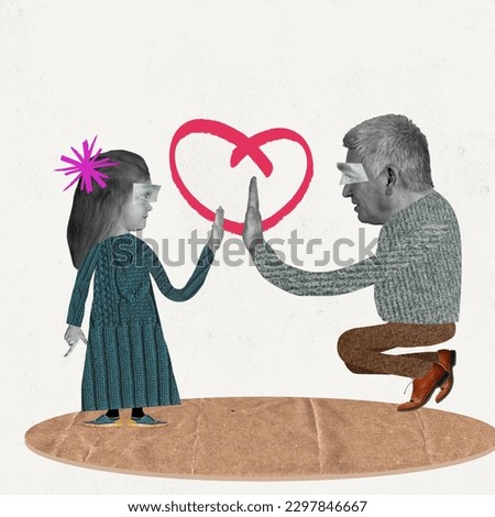 Paternal love. Contemporary art collage with man, father giving each other five to little girl, daughter near big heart picture over white background. Concept of parenthood, family, relationship, ad