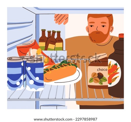 Man looking inside fridge with unhealthy snacks, fast junk food. Guy bachelor opening refrigerator door with beer bottles, alcohol drink tins, cans, hot dog, chips on shelf. Flat vector illustration
