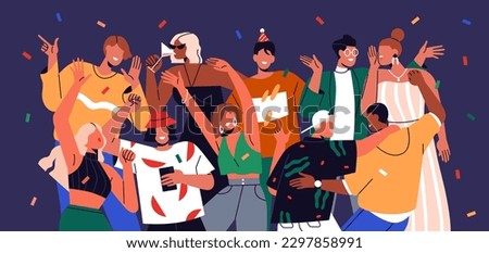 Happy young people at party, celebrating, dancing together. Friends crowd at fun celebration, holiday hangout at disco. Joyful excited men, women group at night discotheque. Flat vector illustration Royalty-Free Stock Photo #2297858991