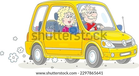 Happy grandpa and grandma riding in their yellow car, vector cartoon illustration isolated on a white background