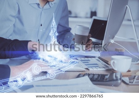 Start up drawings with businessman working on computer on background. Teamwork concept. Double exposure.