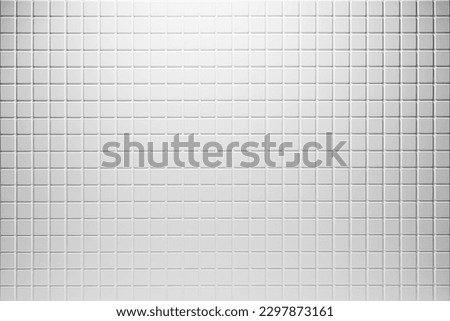White abstract background of tiny square ceramic tile, pattern, top view. Classic mosaic texture of porcelain tile.
