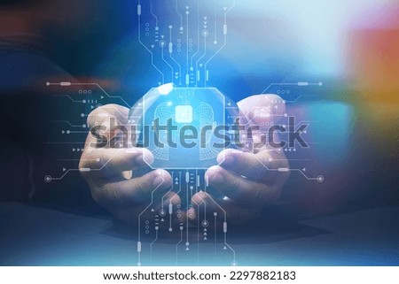 AI (Artificial intelligence) growing concept. Businessman hand holding glass ball with hologram technology. Future trend forecasting technology, AI technology link digital marketing. Big data