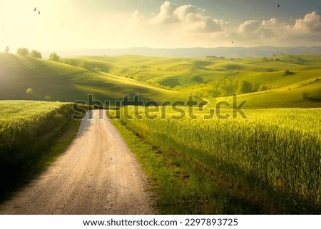 Beautiful summer mountain rural landscape; Panorama of summer green field with dirt road and Sunset cloudy sky.
 Royalty-Free Stock Photo #2297893725