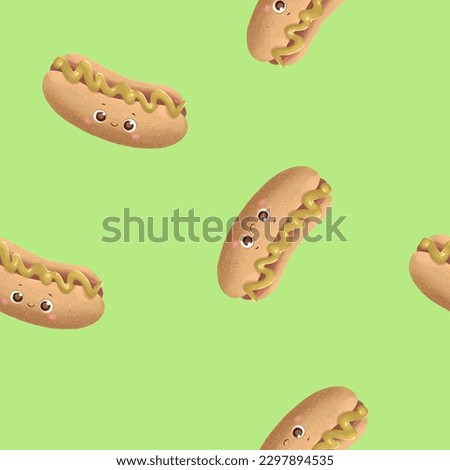 Cute hot dog semaless pattern kawaii style food on green background