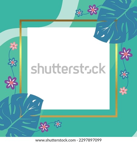 summer background of abstract shapes, wave patterns, flowers and leaves with free space for text. Template for banner, poster, social media, web, greeting card.