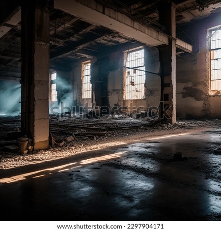 Old abandoned factory. Destroyed building. Volumetric light passing through the windows. Royalty-Free Stock Photo #2297904171