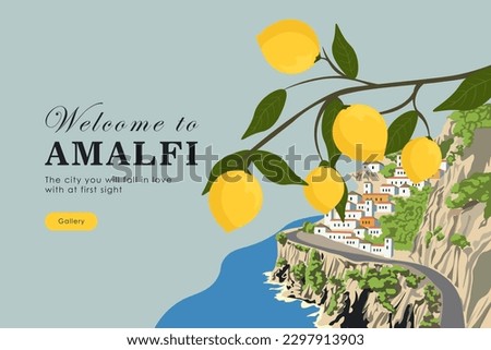 Vector illustration. Website design by Amalfi, Italy. Travel website, landing page. Royalty-Free Stock Photo #2297913903