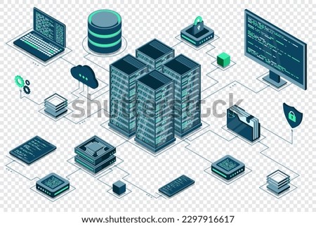 Computer technology isometric illustration. Computation of big data center. Cloud computing. Online devices upload and download information. Modern 3d isometric vector illustration Royalty-Free Stock Photo #2297916617