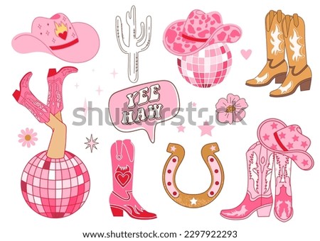 Collection of retro Cowboy fashion elements. Cowgirl boots, disco ball, hat, horseshoe, cactus and lettering. Cowboy western and wild west theme. Hand drawn vector.