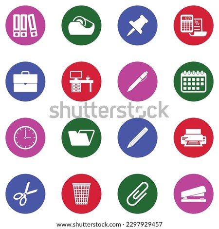 Office Material Icons. White Flat Collection In Circle. Vector Illustration.
