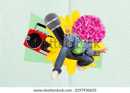 Vintage template collage of headless person fresh flowers show v-sign posing microphone boombox karaoke isolated over drawn background