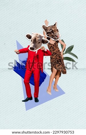 Vertical collage picture of two classy dancing people cow gepard head isolated on painted paper background