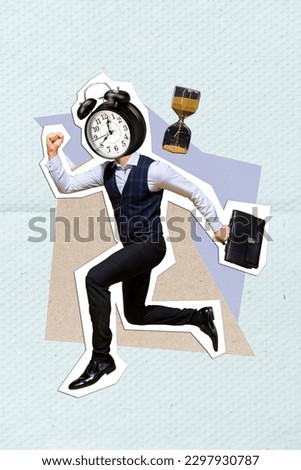 Poster collage banner of headless absurd man business meeting wear formal suit no time for sleep make money isolated on blue background