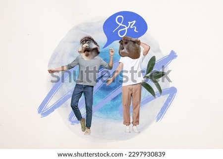 Collage picture of two monkey head people dance communicate dialogue bubble isolated on drawing white background