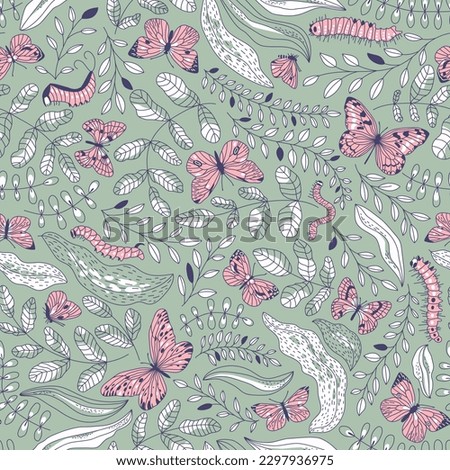 Seamless pattern of beautiful butterflies, caterpillars and plants on a green background. Delicate pattern for summer and spring women's fabrics. Flat vector illustration.