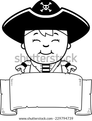 A cartoon illustration of a pirate boy with a sign.