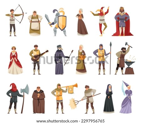Middle Ages with Medieval People Characters Big Vector Illustration Set Royalty-Free Stock Photo #2297956765